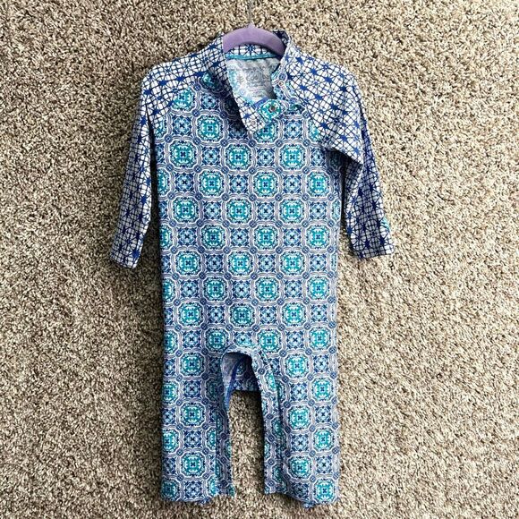 Coolibar Swimsuit Baby 12-18M Blue Tile UPF 50+ Beach Long Sleeve One Piece - Picture 1 of 5